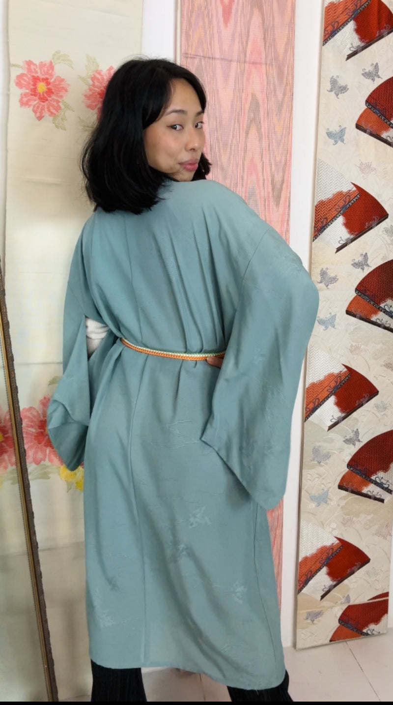 Kimono Summer Sheer with Leaves Blue in Silk