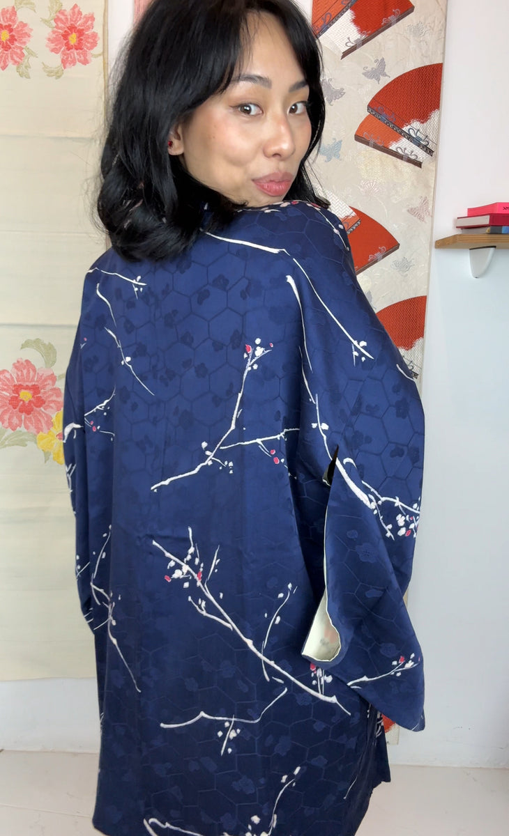 Haori Dark Blue with Beehive Patern and Pink and White Branches in Silk