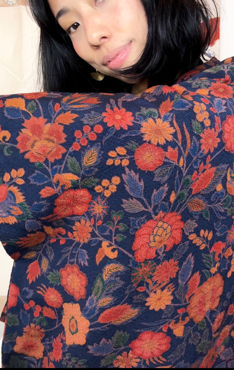 Kimono Dark Blue with Orange Flowers in Silk