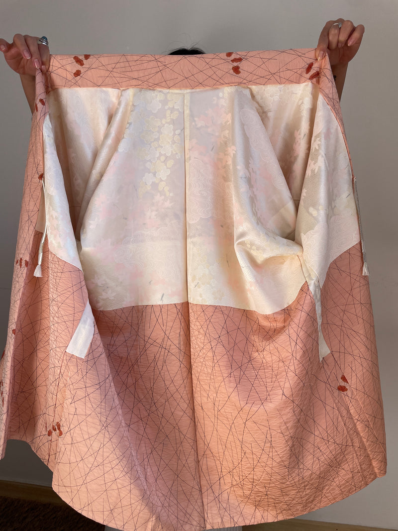 Haori Peach Pink with Shibori Leaves in Silk