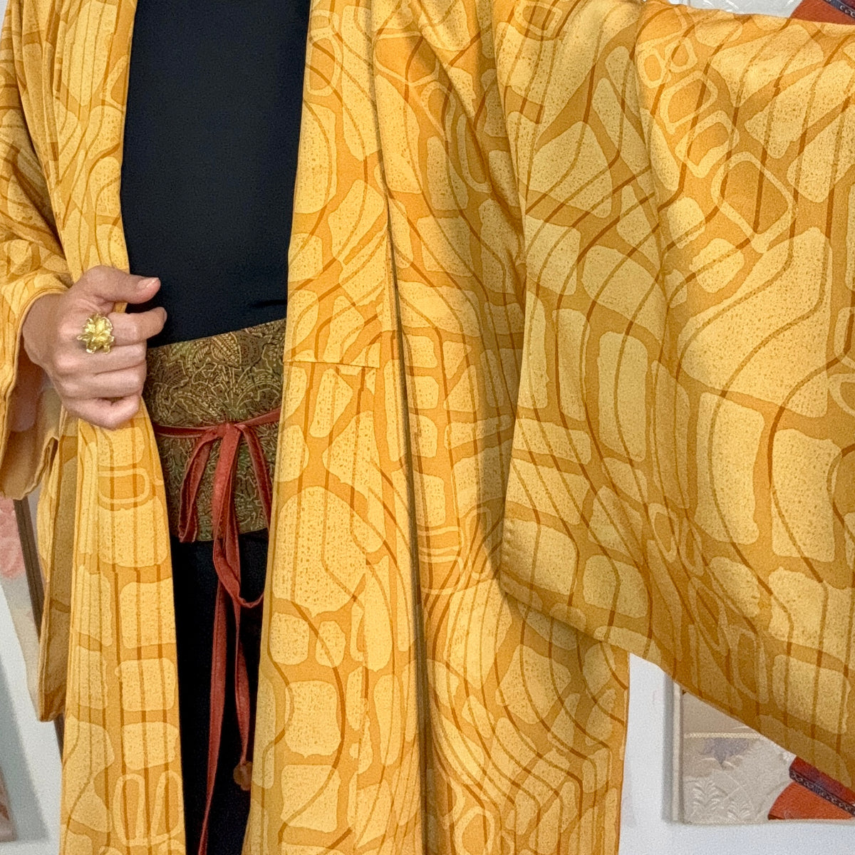Kimono Mustard Yellow Lines and Forms in Silk with Belt