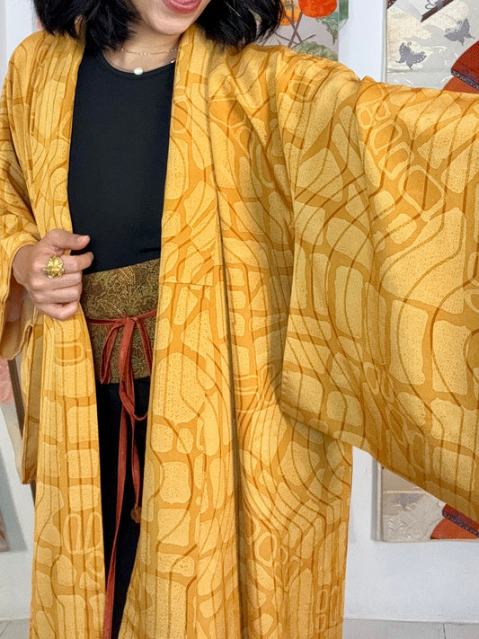 Kimono Mustard Yellow Lines and Forms in Silk with Belt
