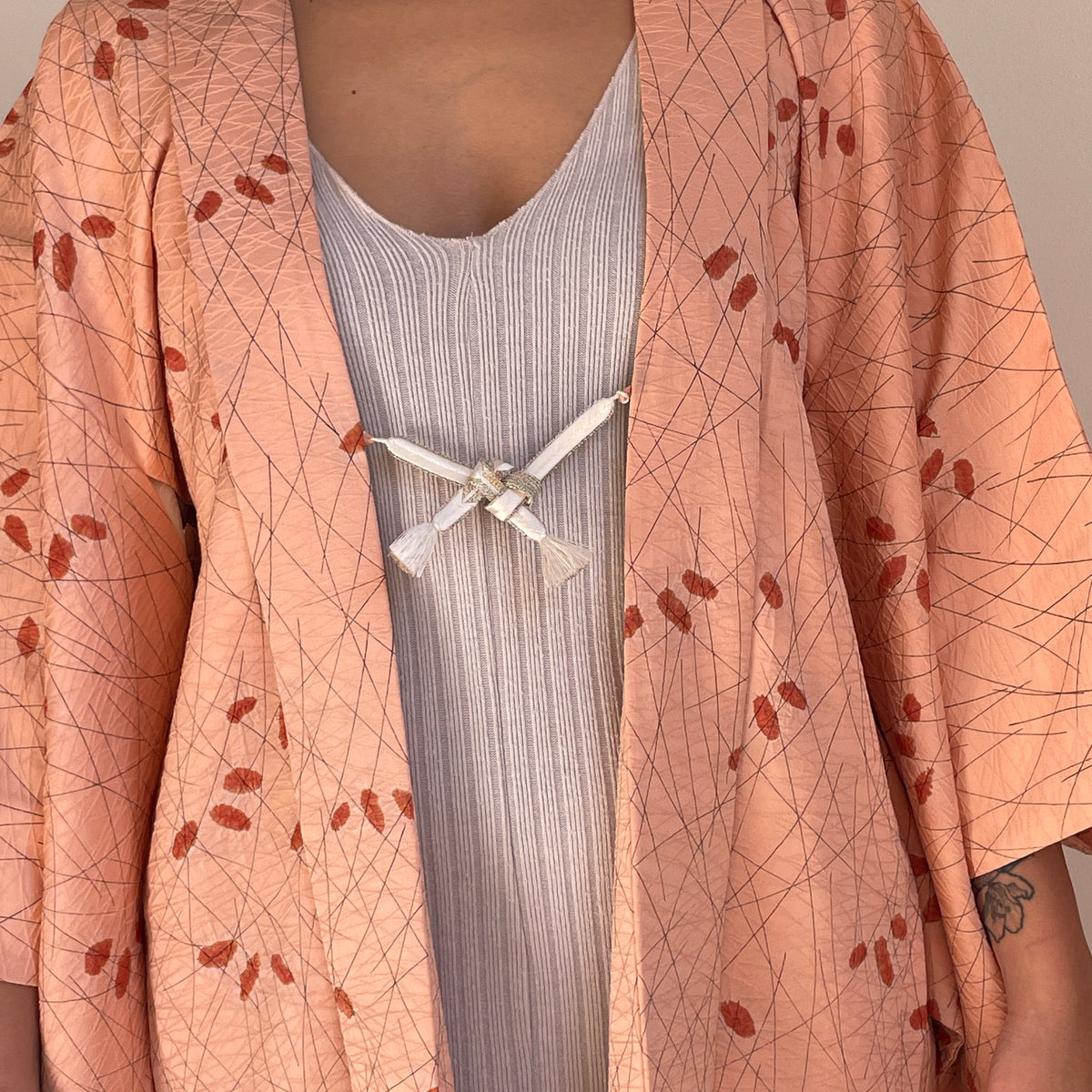 Haori Peach Pink with Shibori Leaves in Silk