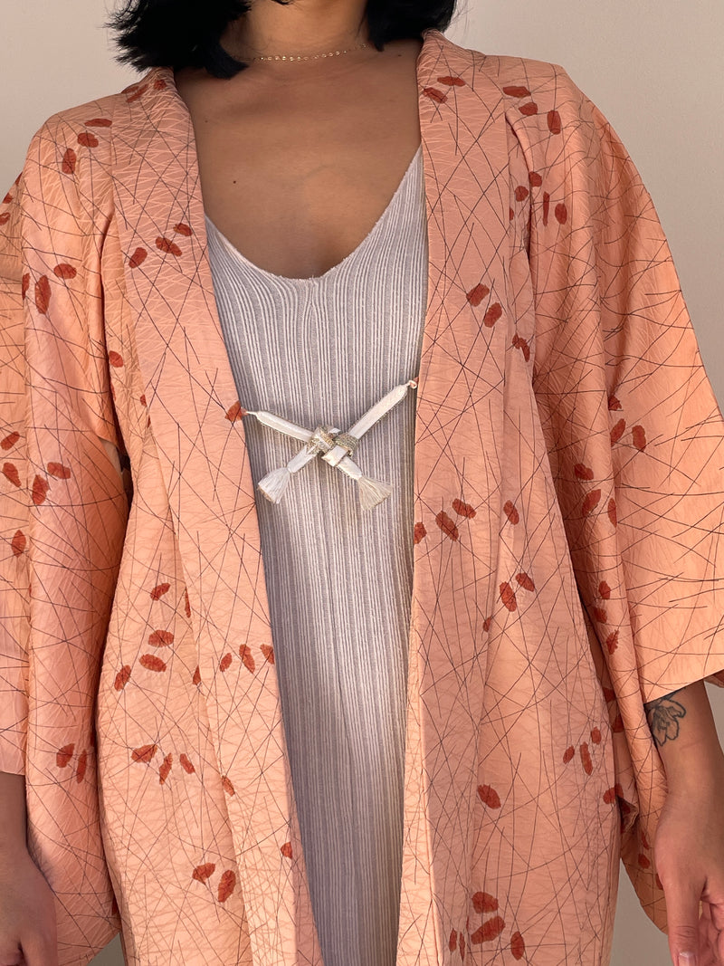 Haori Peach Pink with Shibori Leaves in Silk