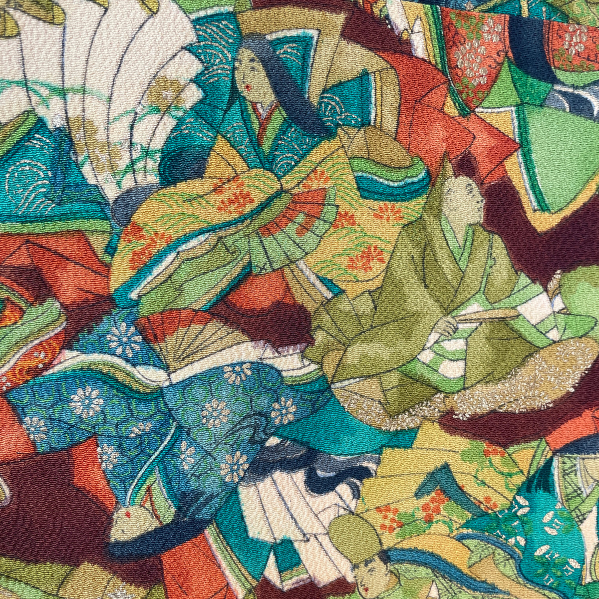 Kimono Dark Brown with Green Pattern of People in Kimono
