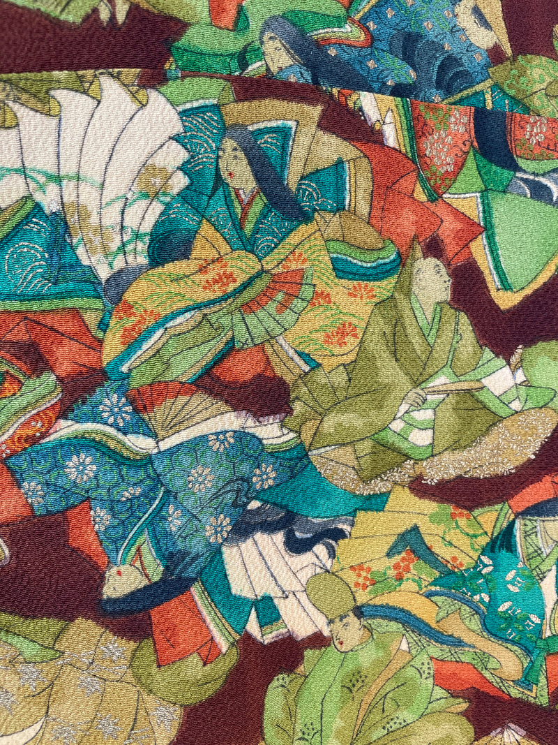 Kimono Dark Brown with Green Pattern of People in Kimono