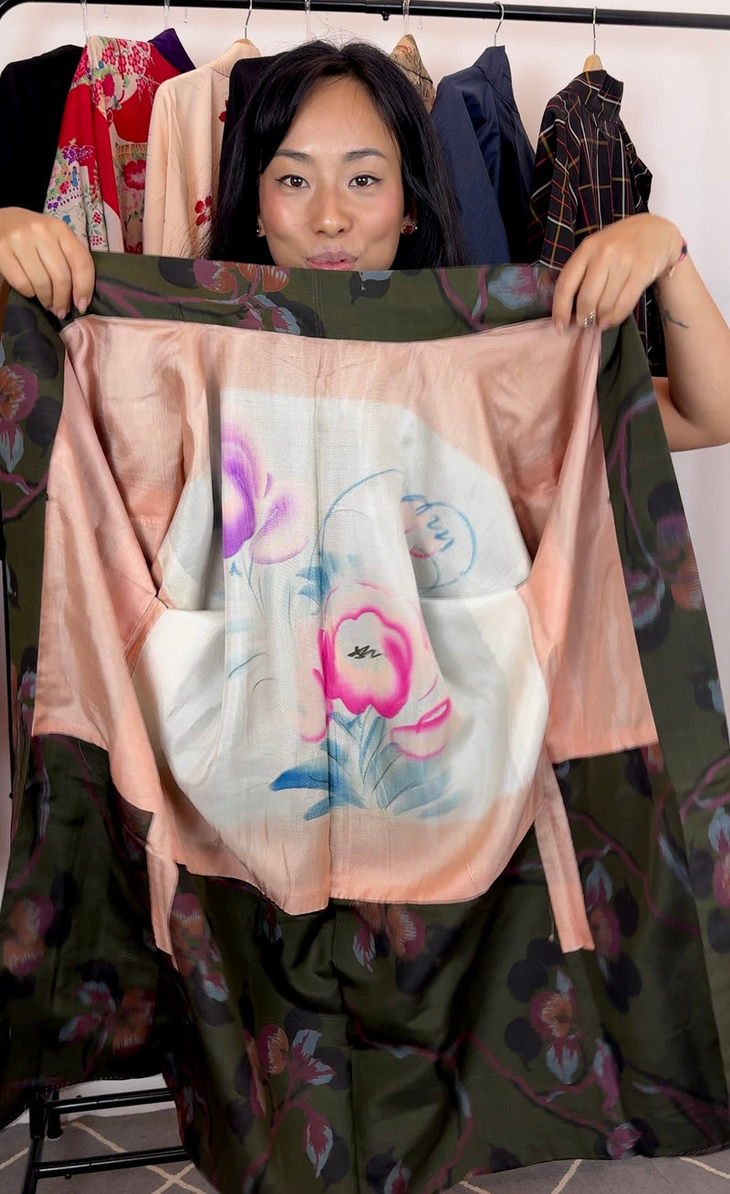 Haori Vintage Olive Green with Fruits and Painted Interior in Silk