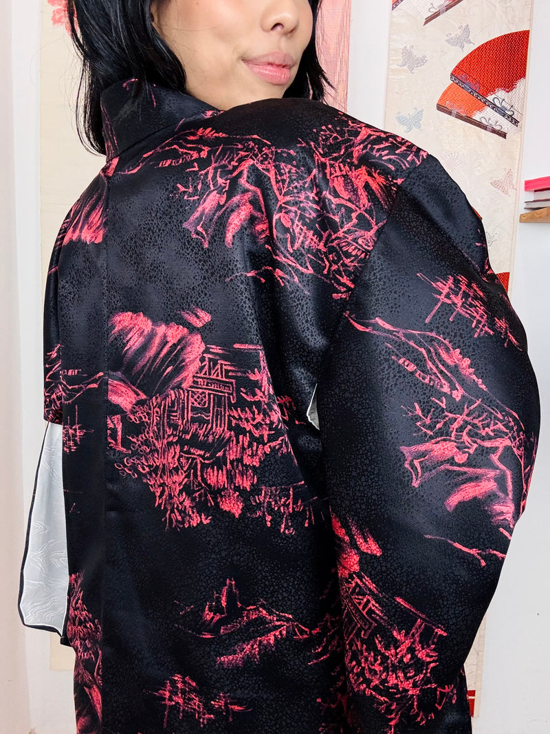 Haori Black with Pink Japanese Houses in Silk