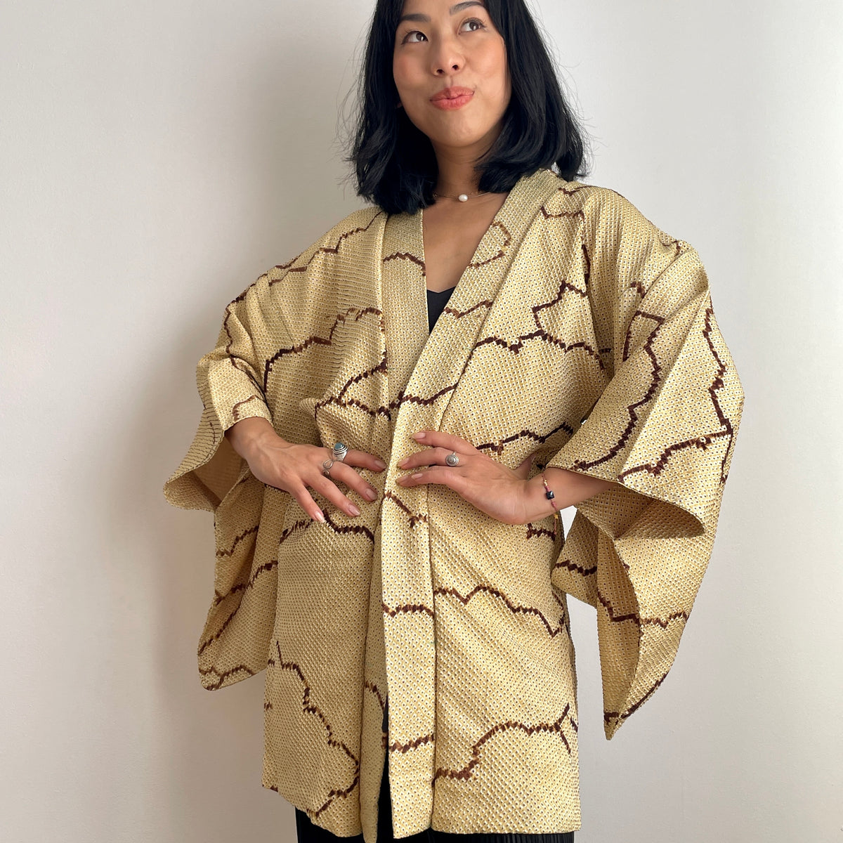 Haori Shibori Yellow with Chocolate Lines in Silk