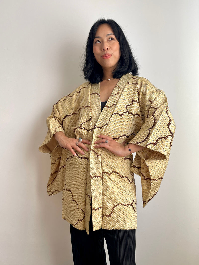 Haori Shibori Yellow with Chocolate Lines in Silk