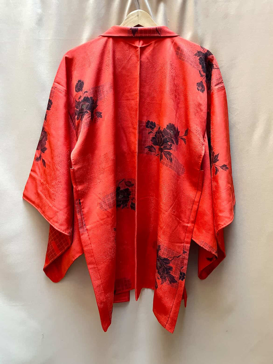 Haori Hot Orange with Flowers in Silk