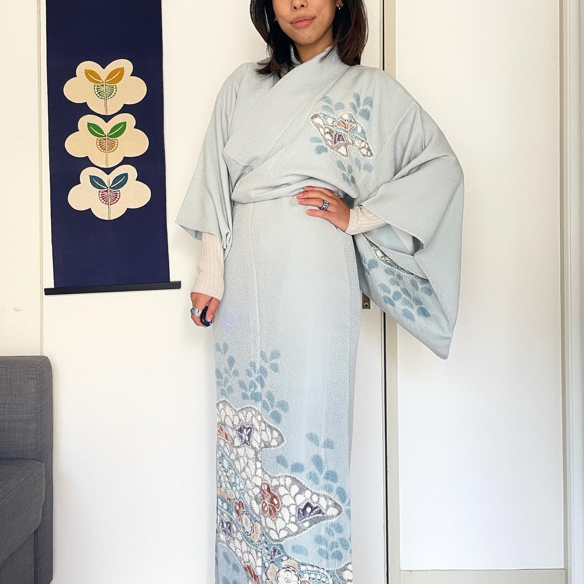 Kimono Light Blue Tsujigahana Technique in Silk
