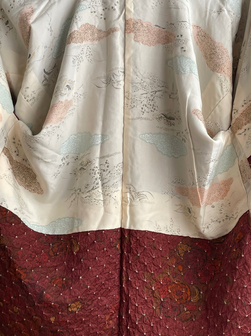 Haori Dark Burgundy in Shibori with Tsujihagana Style Flowers