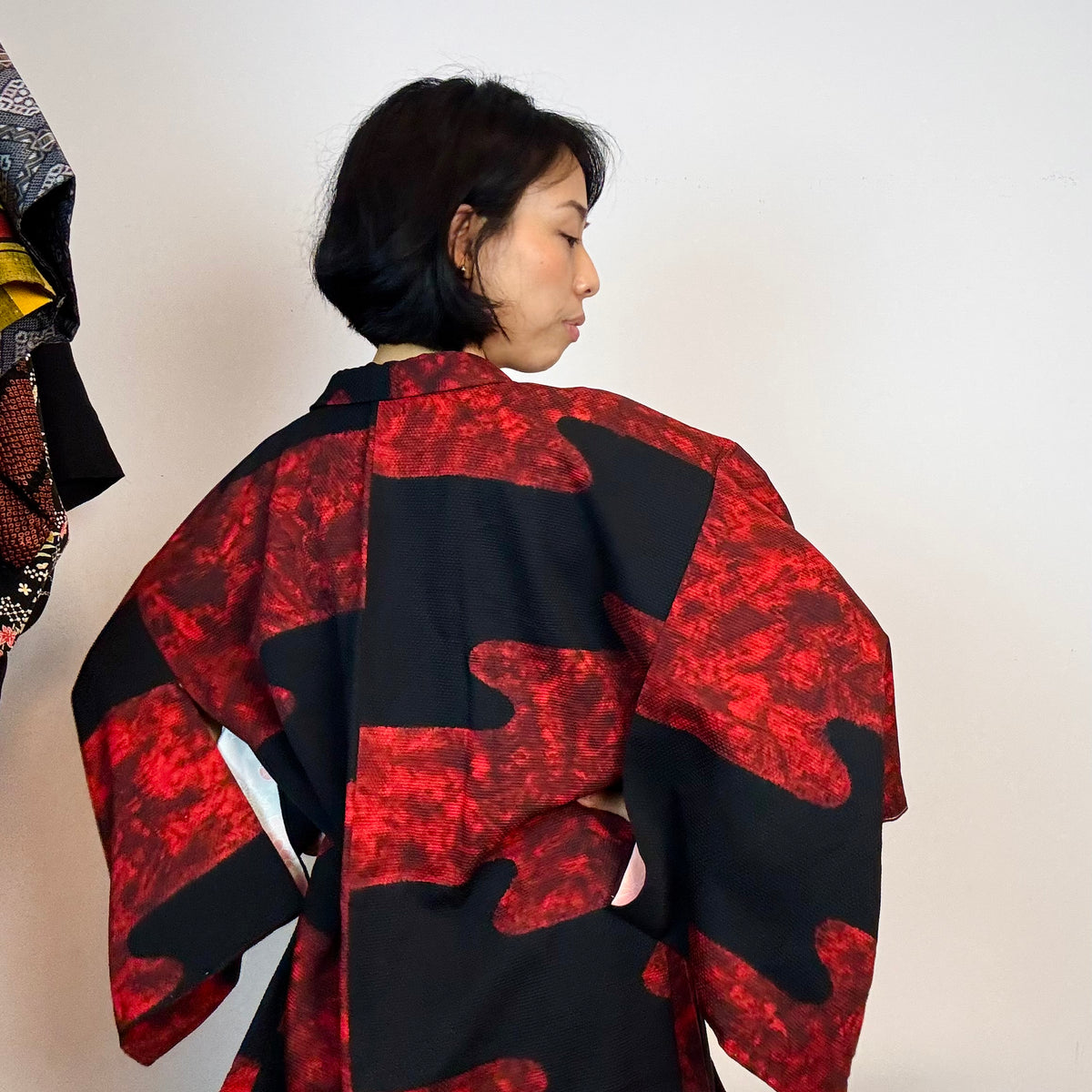 Haori Black with Red Clouds made in Shibori Technique in Silk