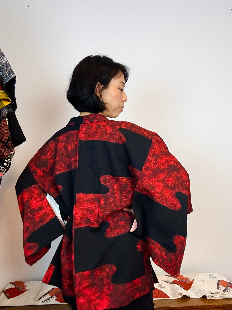 Haori Black with Red Clouds made in Shibori Technique in Silk