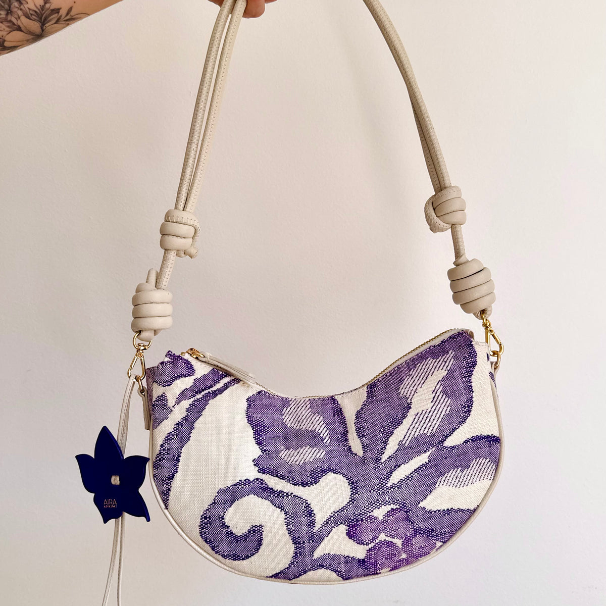 Aiko Bag: Fuji - White and Purple from Woven Japanese Obi Sash with White Leather Strap