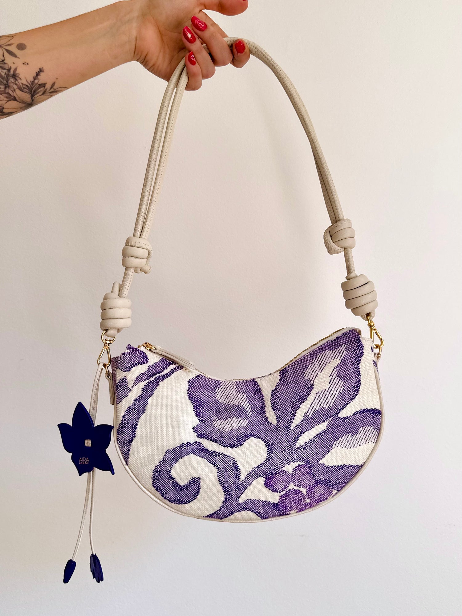Aiko Bag: Fuji - White and Purple from Woven Japanese Obi Sash with White Leather Strap