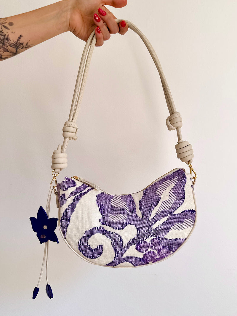 Aiko Bag: Fuji - White and Purple from Woven Japanese Obi Sash with White Leather Strap