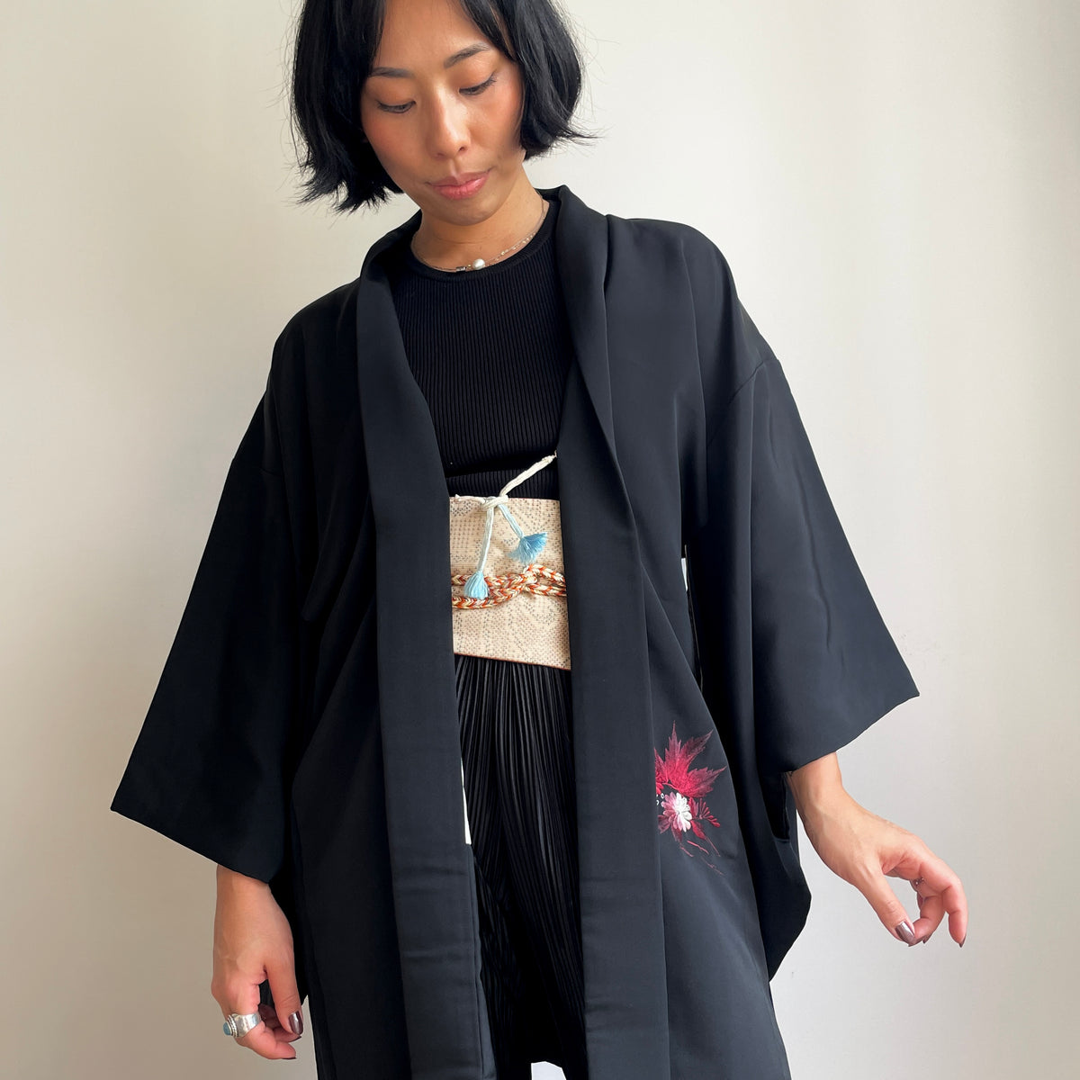 Haori Black with Dark Red Flowers Embroidered in Silk