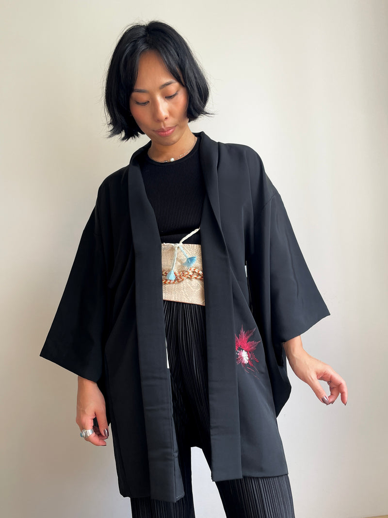 Haori Black with Dark Red Flowers Embroidered in Silk