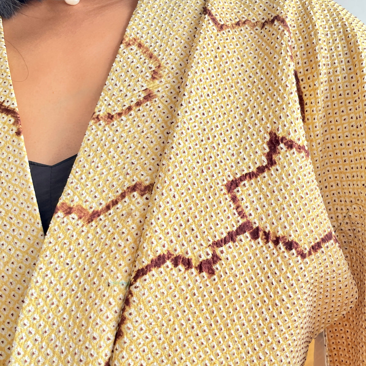 Haori Shibori Yellow with Chocolate Lines in Silk