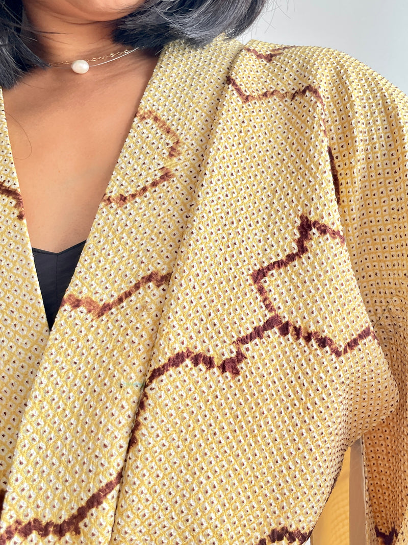 Haori Shibori Yellow with Chocolate Lines in Silk