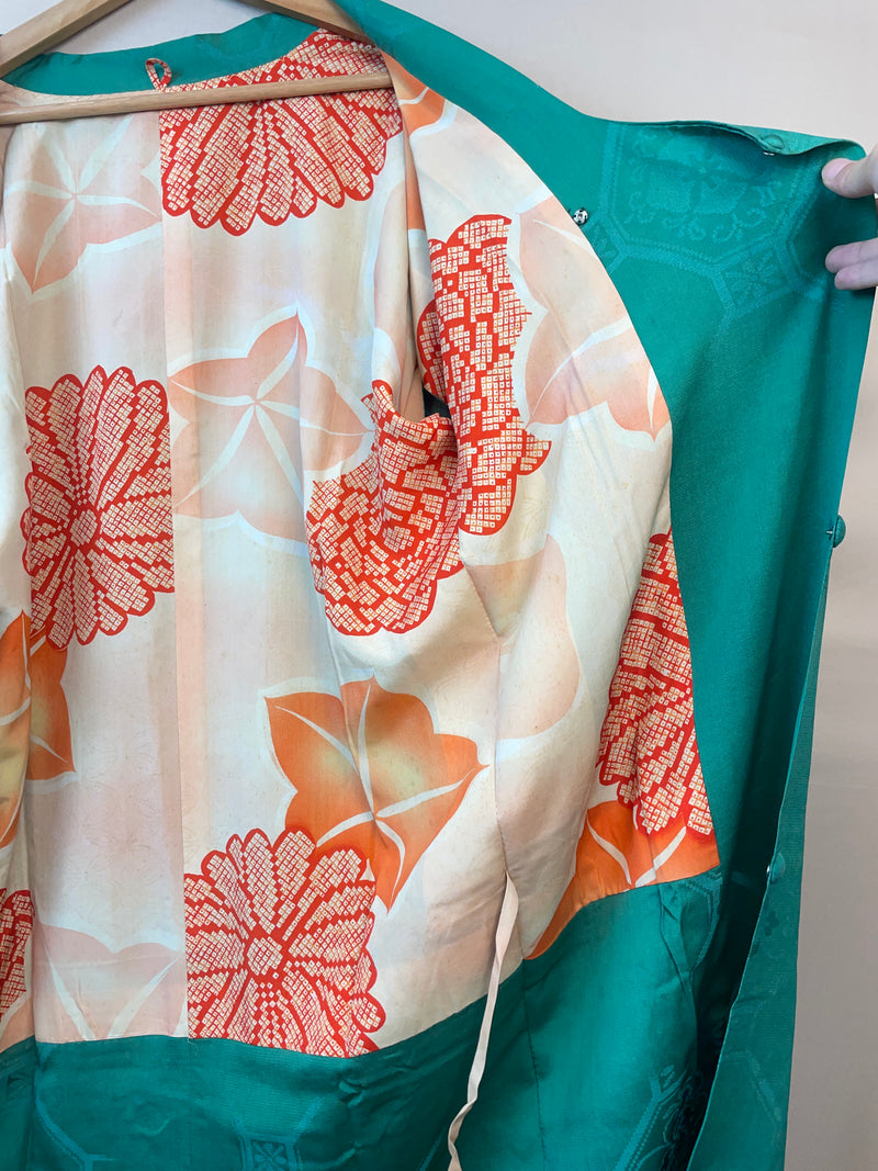Kimono Michiyuki Antique Green Emerald with Colorful Interior