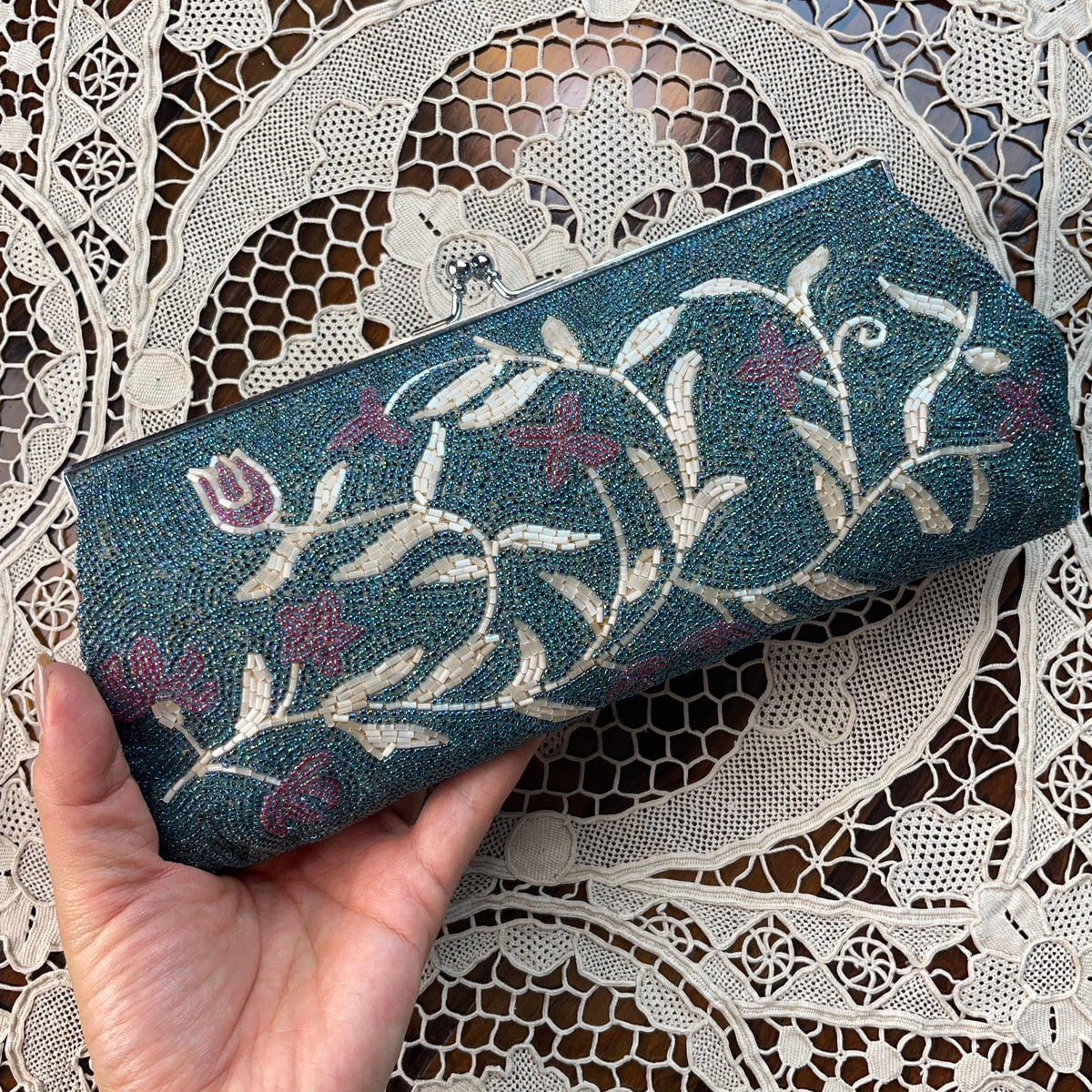Clutch Vintage Beaded Handbag in Torquoise with Flowers