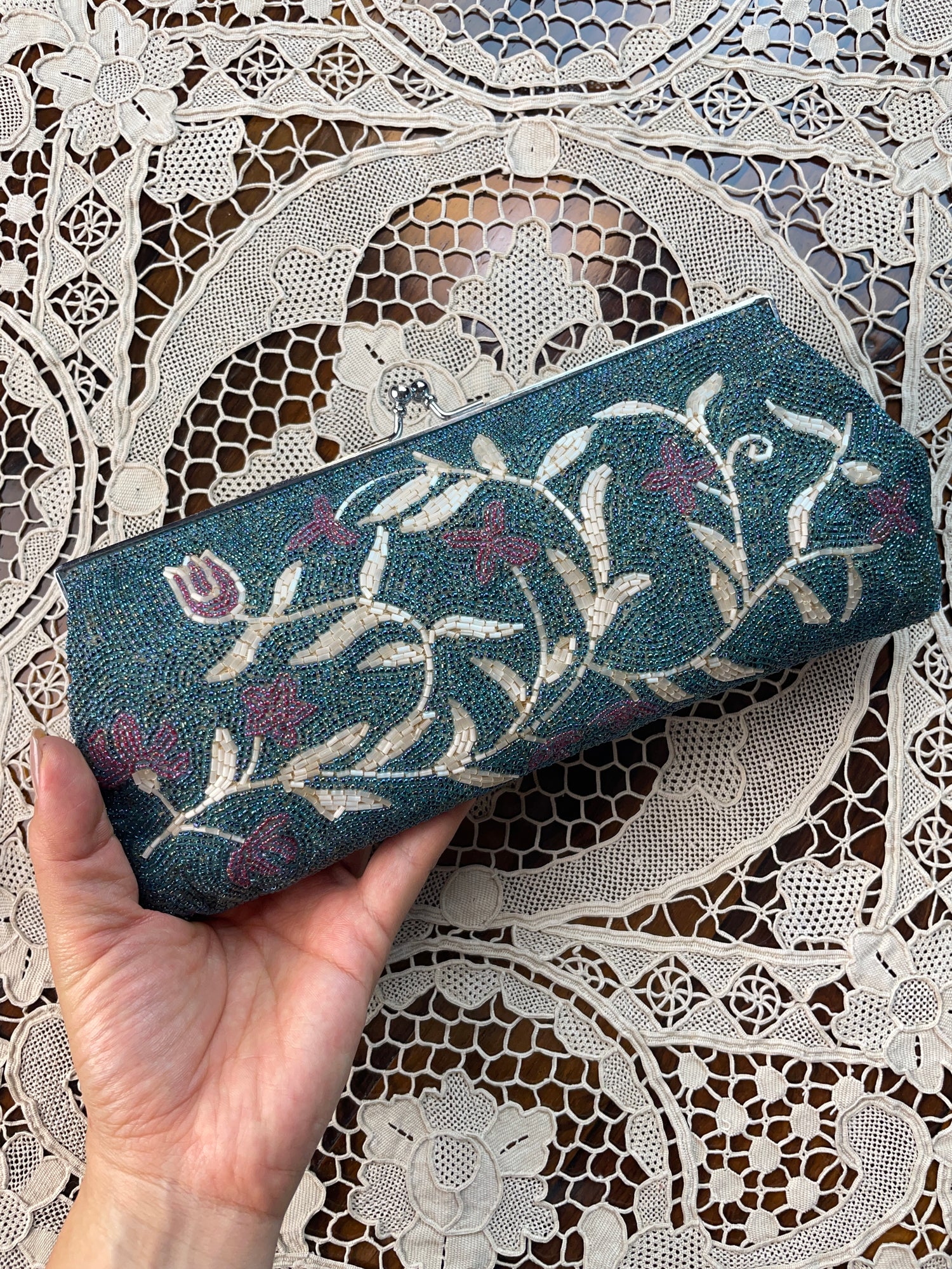 Clutch Vintage Beaded Handbag in Torquoise with Flowers