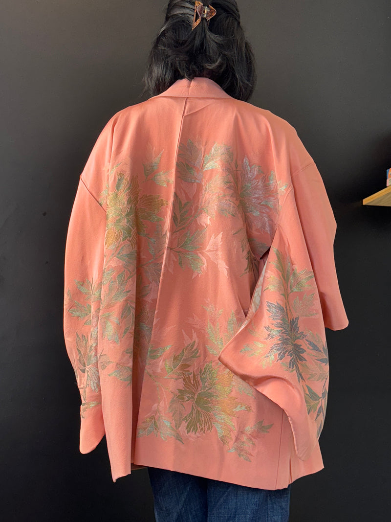 Haori Pink with Metallic Flowers Embroidered in Silk Crepe