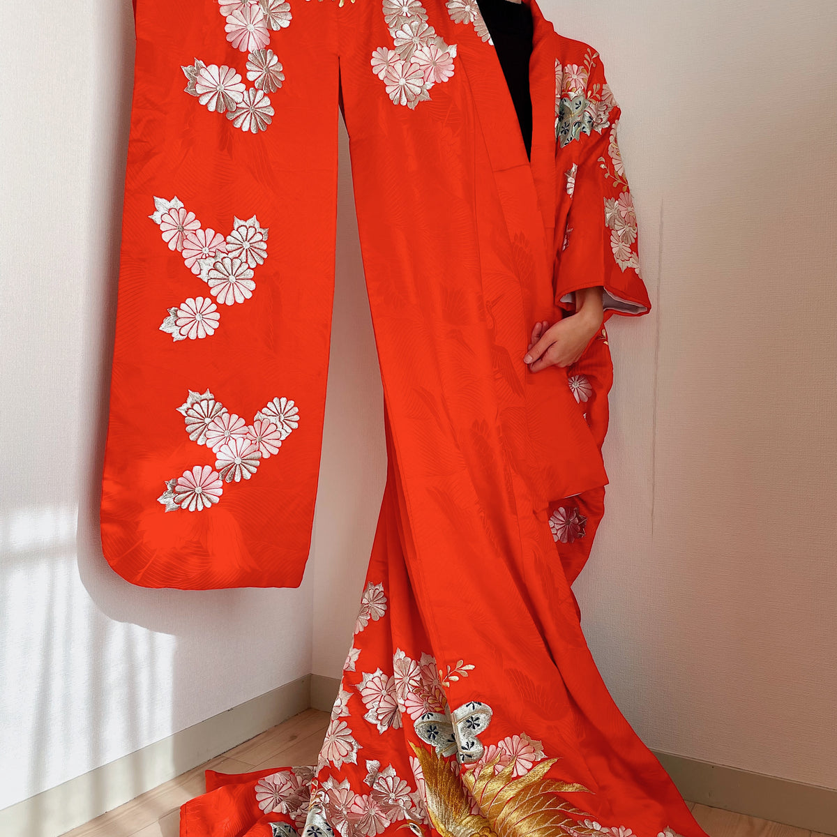 Kimono Bride Furisode with Embroideries in Red Silk