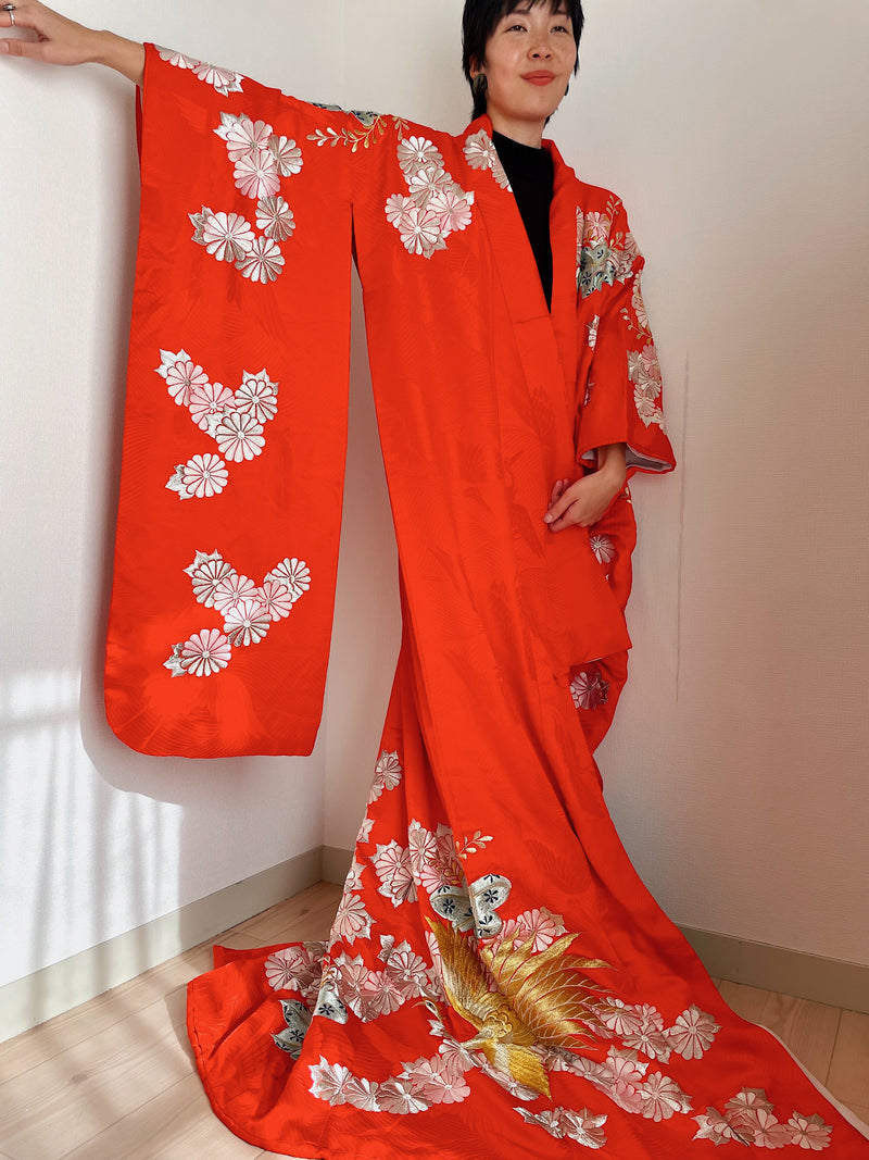 Kimono Bride Furisode with Embroideries in Red Silk