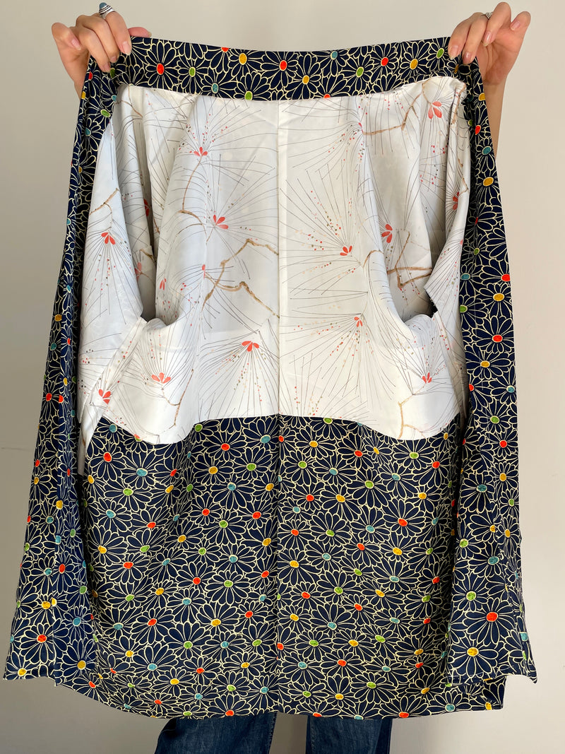Haori Confetti Dark Blue with Flowers Pattern made in Shibori Technique in Silk