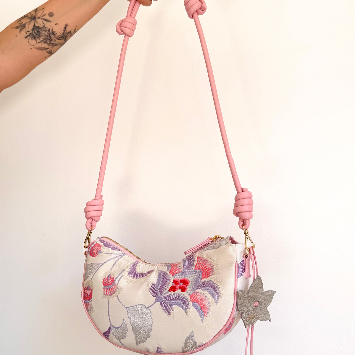 Aiko Bag: Metallic Pink and Blue Peacock and Flowers from Embroidered Obi Sash with Pink Leather Strap
