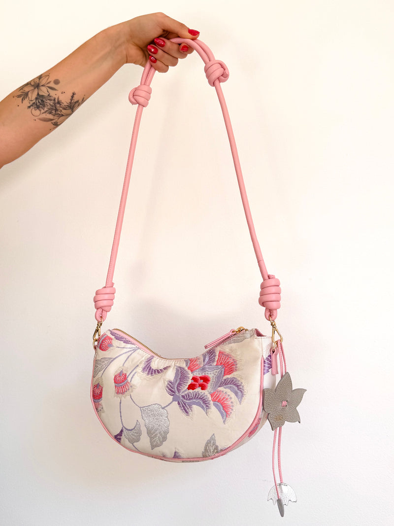 Aiko Bag: Metallic Pink and Blue Peacock and Flowers from Embroidered Obi Sash with Pink Leather Strap