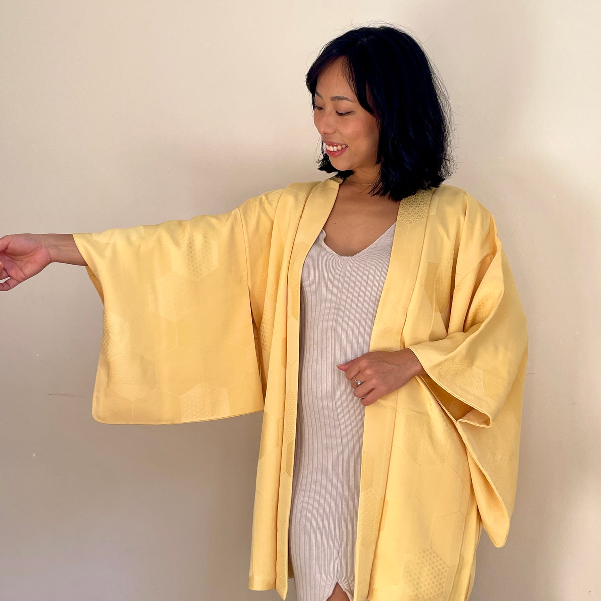 Haori Pale Yellow with Bee Hive with Texture in Silk