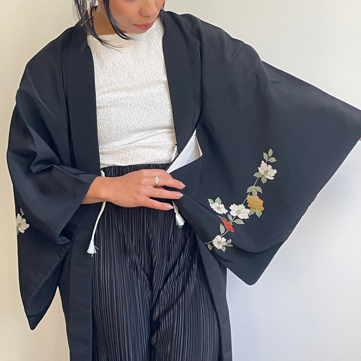 Haori Black with Painted Peonies in Silk