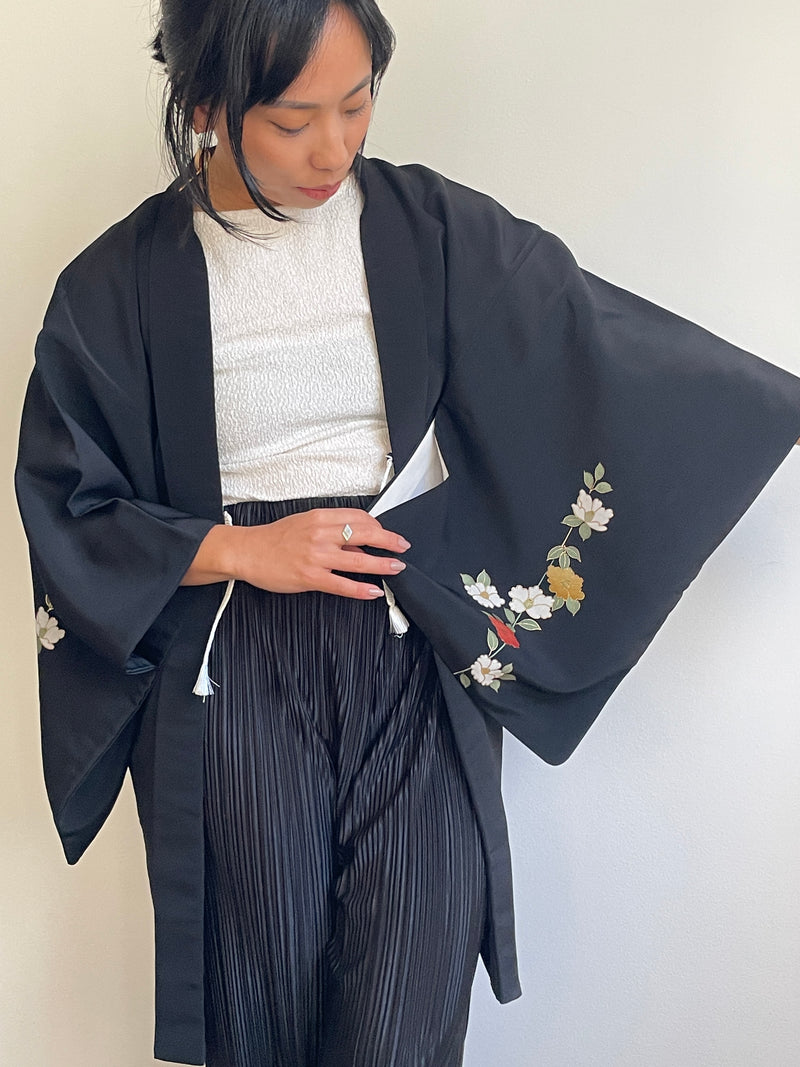 Haori Black with Painted Peonies in Silk