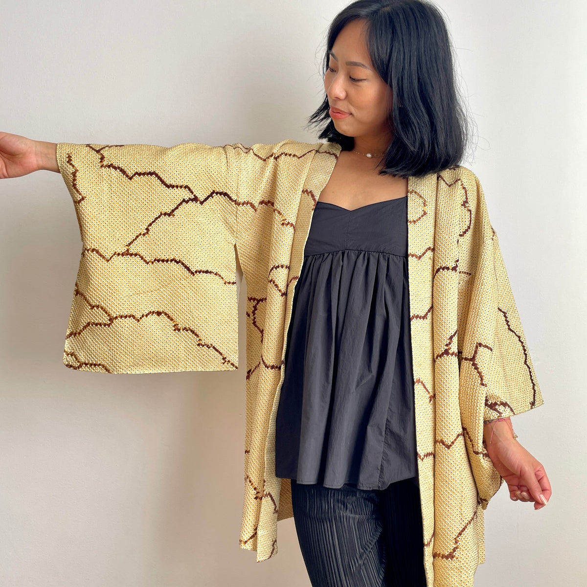 Haori Shibori Yellow with Chocolate Lines in Silk