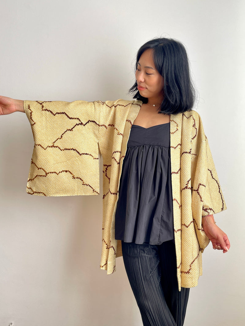 Haori Shibori Yellow with Chocolate Lines in Silk