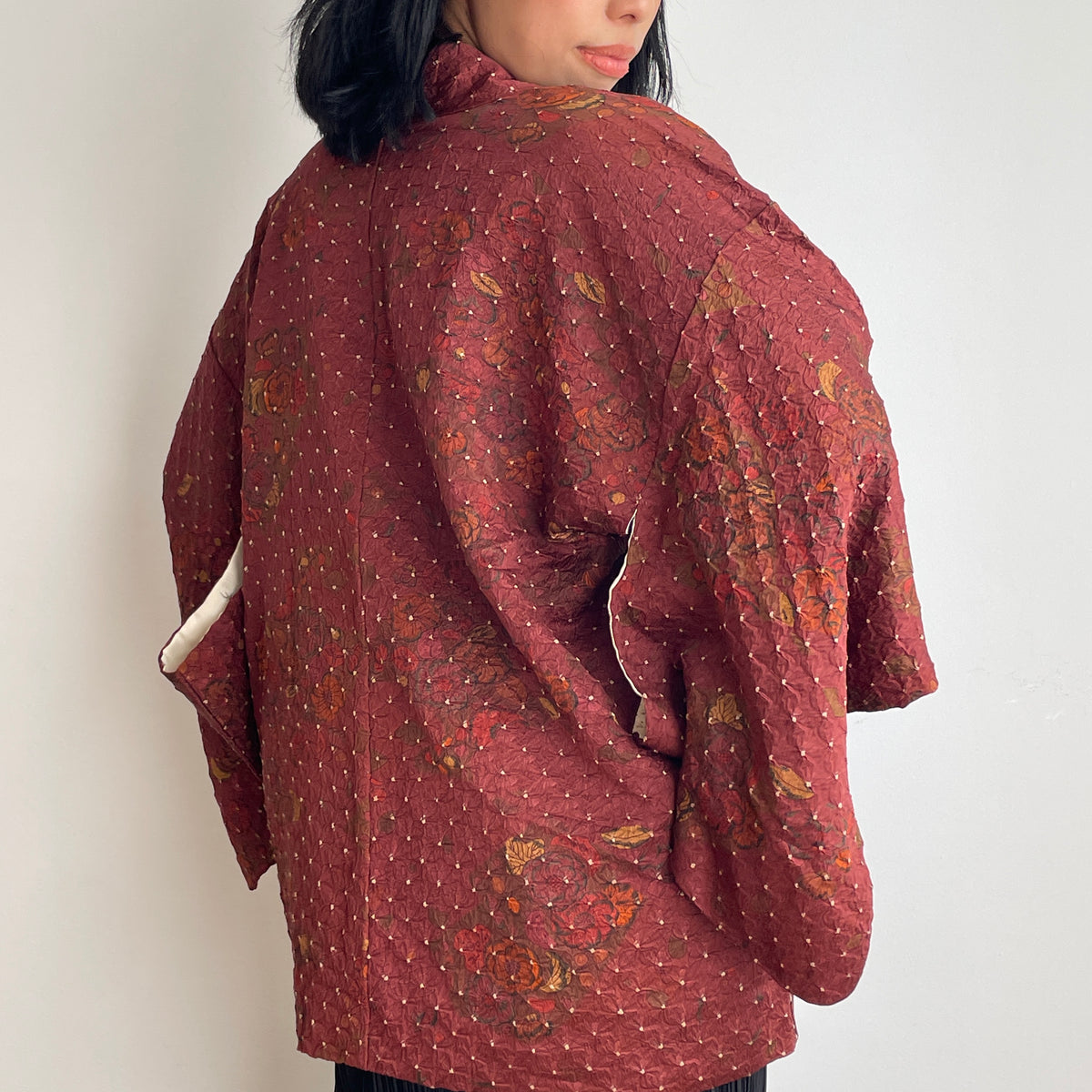 Haori Dark Burgundy in Shibori with Tsujihagana Style Flowers