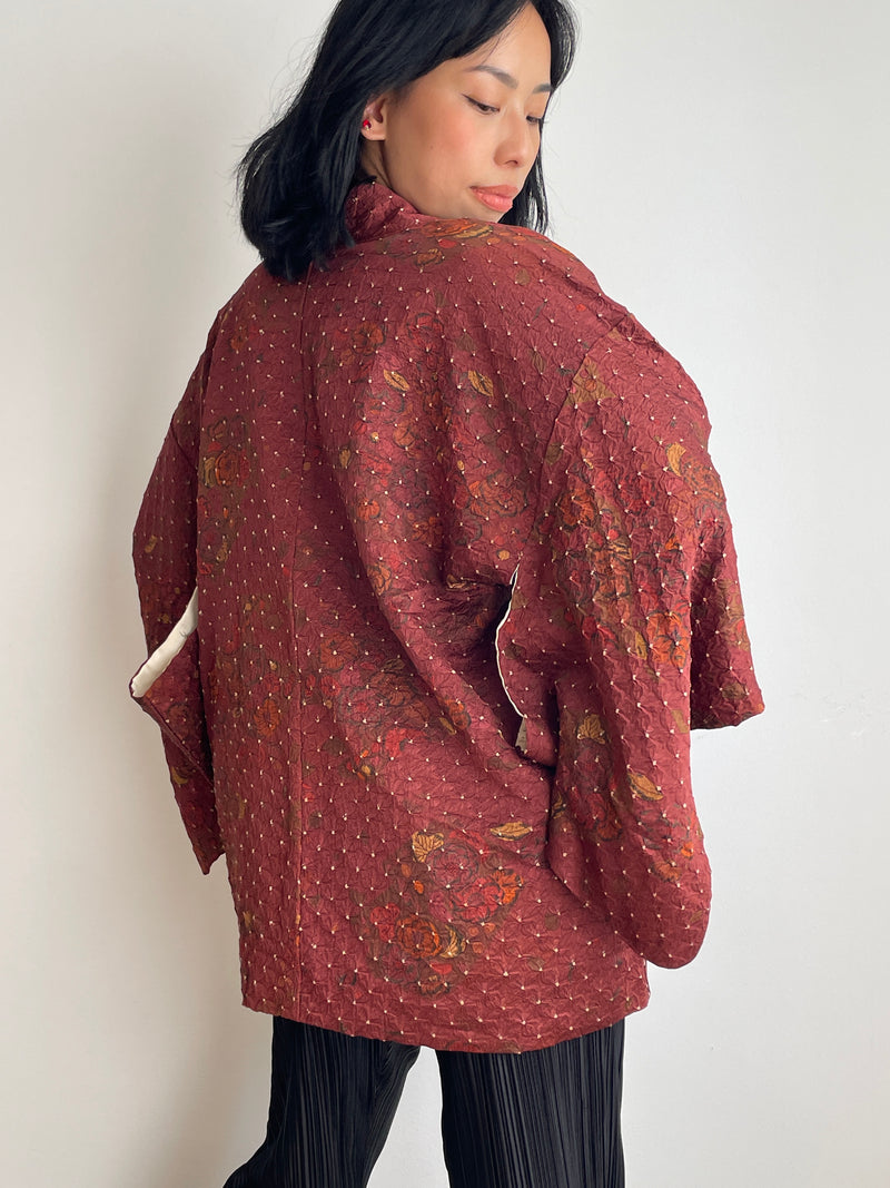 Haori Dark Burgundy in Shibori with Tsujihagana Style Flowers