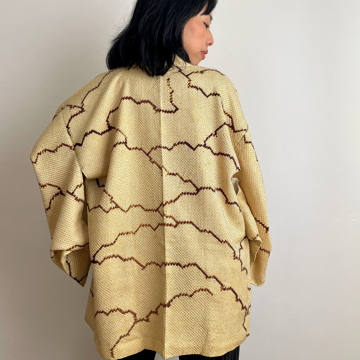 Haori Shibori Yellow with Chocolate Lines in Silk