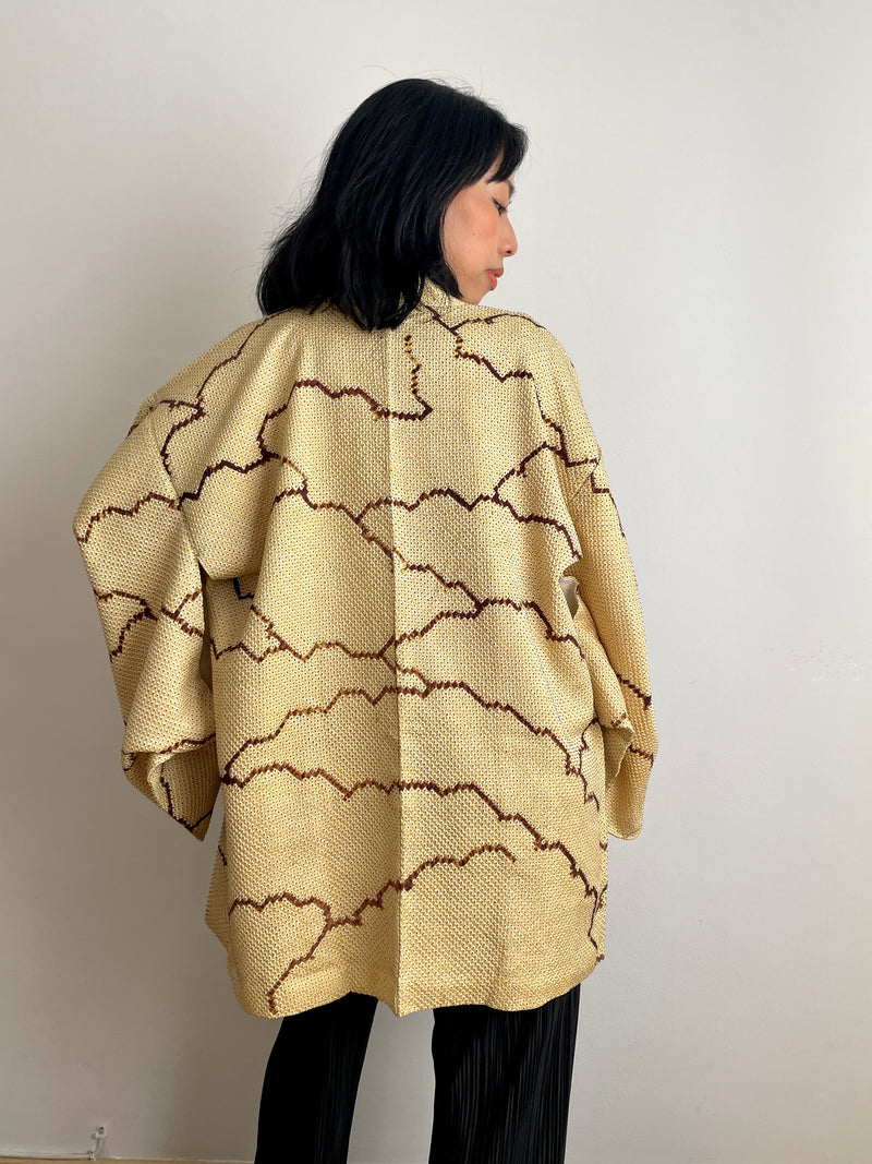 Haori Shibori Yellow with Chocolate Lines in Silk