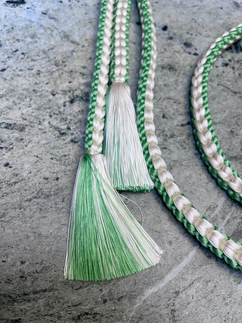 Obijime Belt Round Braid Green and White in Silk
