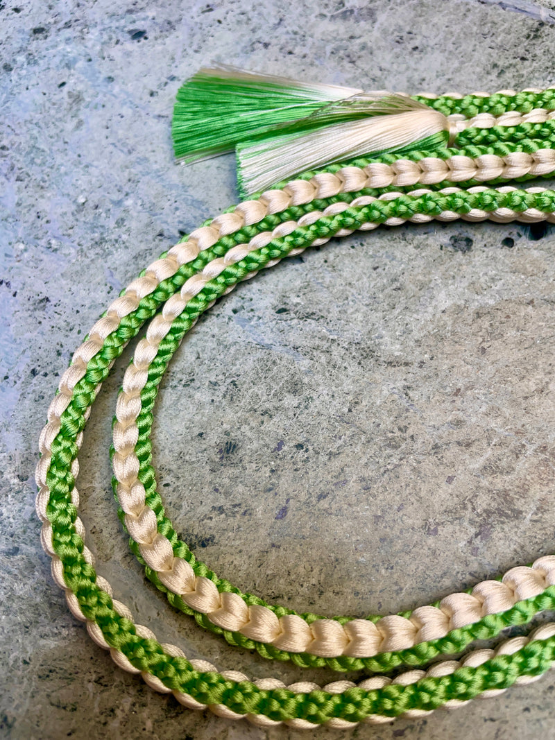 Obijime Belt Round Braid Green and White in Silk