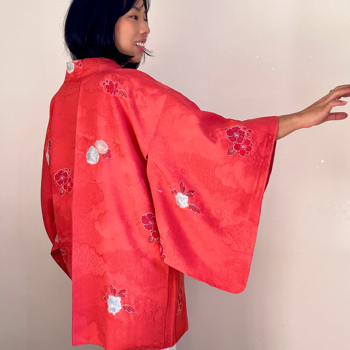 Haori Coral Pink with Hawaian Flowers in Silk