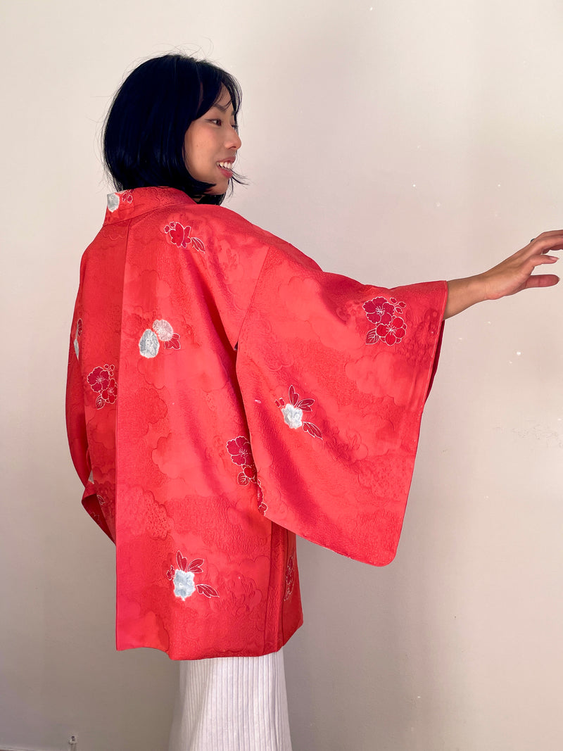 Haori Coral Pink with Hawaian Flowers in Silk