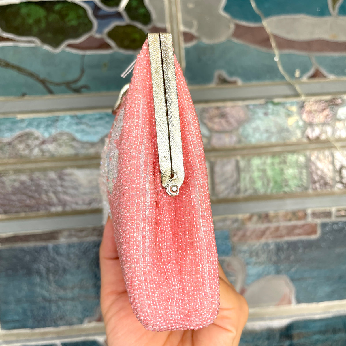 Beaded Bag Pink with white Flowers