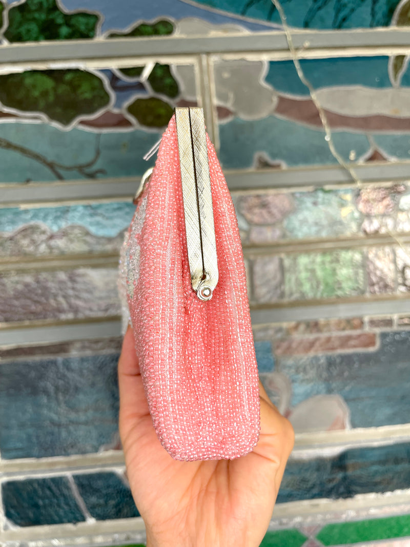 Beaded Bag Pink with white Flowers